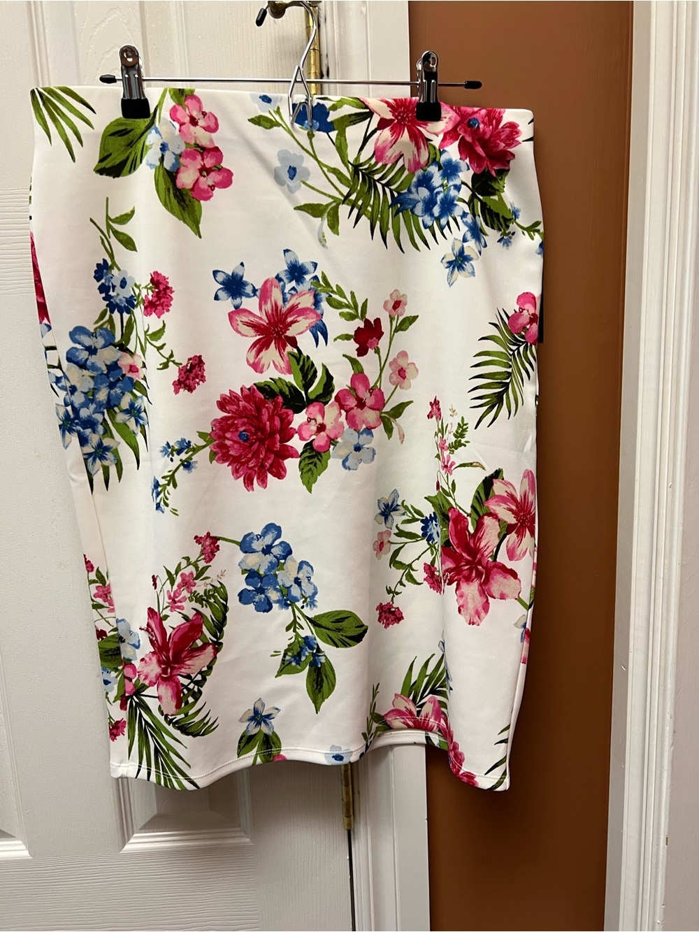 White Floral Pencil Skirt with Pink & Blue Blooms